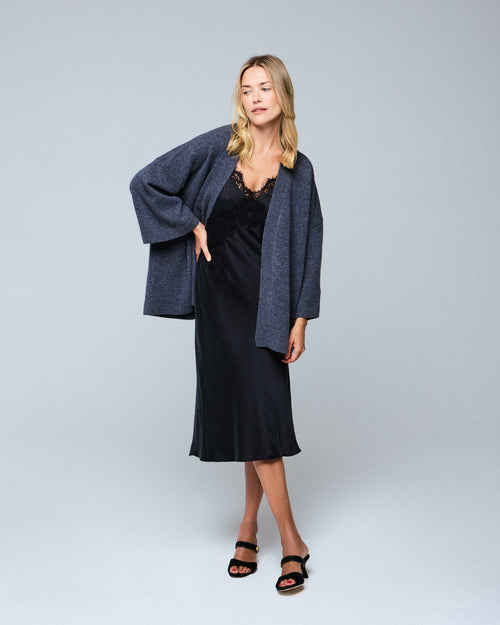 Cárdigan gris con cuello chal de manga larga en lana merino - MAJESTIC FILATURES