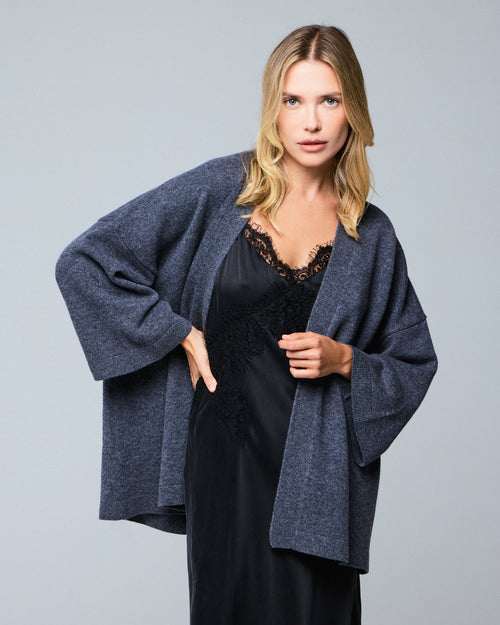 Gilet Gris Col Châle Manches Longues en Laine merinos - MAJESTIC FILATURES