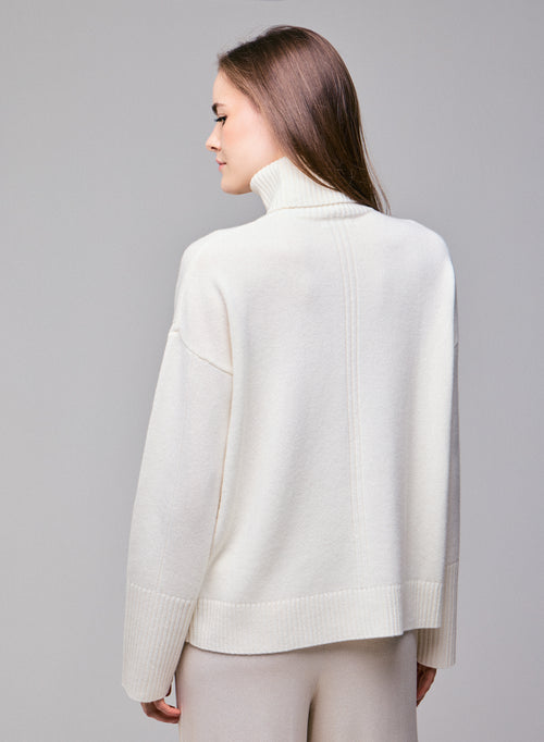 Jersey de cuello alto blanco de manga larga en lana merino - MAJESTIC FILATURES