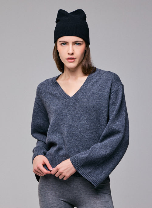 Pull Gris Col V Manches Longues en Laine merinos - MAJESTIC FILATURES