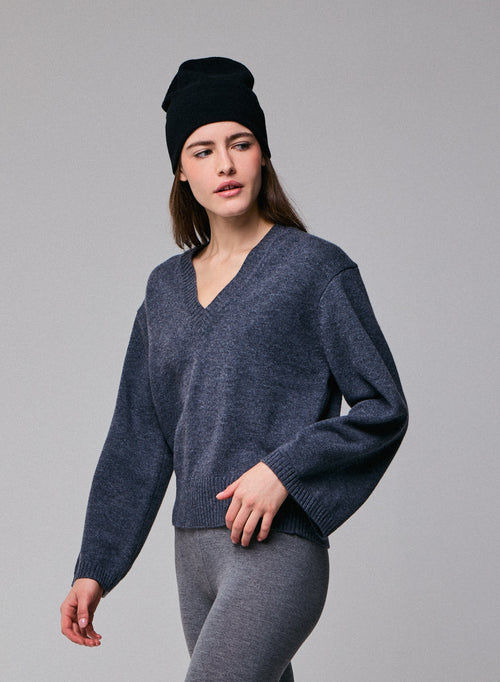 Pull Gris Col V Manches Longues en Laine merinos - MAJESTIC FILATURES