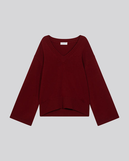 Pull Rouge Col V Manches Longues en Laine merinos - MAJESTIC FILATURES