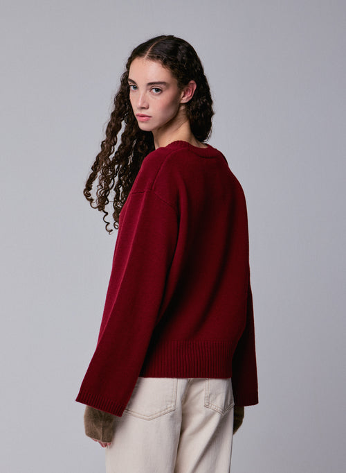 Pull Rouge Col V Manches Longues en Laine merinos - MAJESTIC FILATURES
