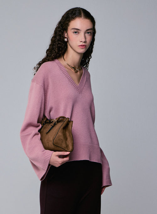 Pull Rose Col V Manches Longues en Laine merinos - MAJESTIC FILATURES