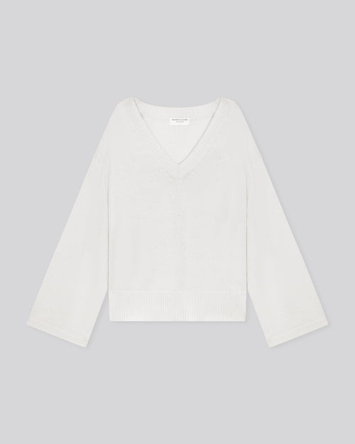 White V-neck long-sleeved merino wool sweater - MAJESTIC FILATURES