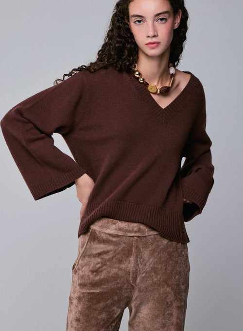 Pull Marron Col V Manches Longues en Laine merinos - MAJESTIC FILATURES