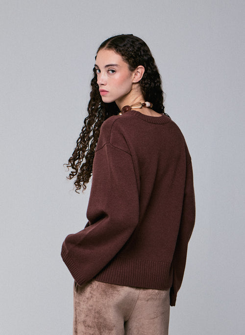 Brown V-neck long-sleeved merino wool sweater - MAJESTIC FILATURES