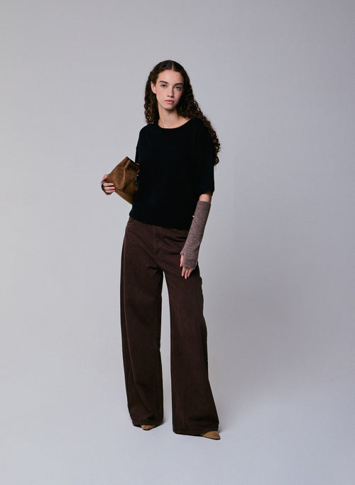 Suéter de lana merino de manga corta con cuello redondo negro - MAJESTIC FILATURES