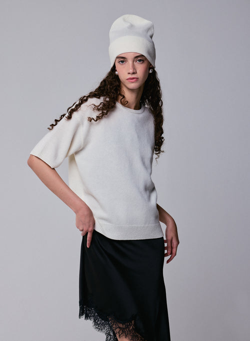 Pull Blanc Col Rond Manches Courtes en Laine merinos - MAJESTIC FILATURES