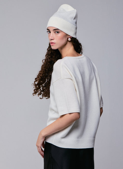 Suéter de lana merino de manga corta con cuello redondo blanco - MAJESTIC FILATURES