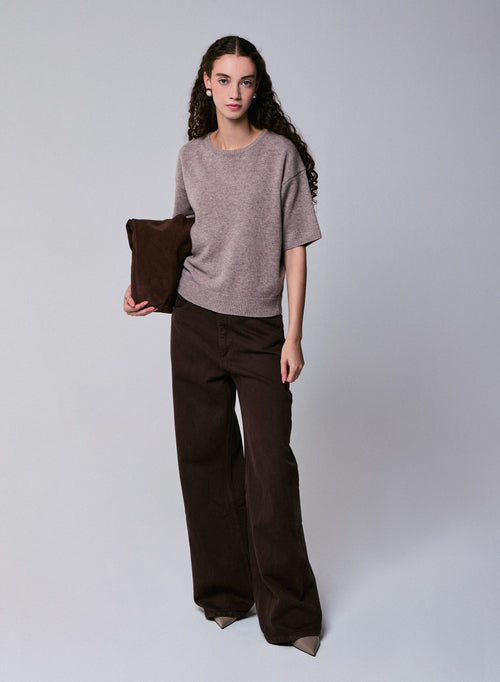 Beige Round Neck Short Sleeve Merino Wool Sweater - MAJESTIC FILATURES