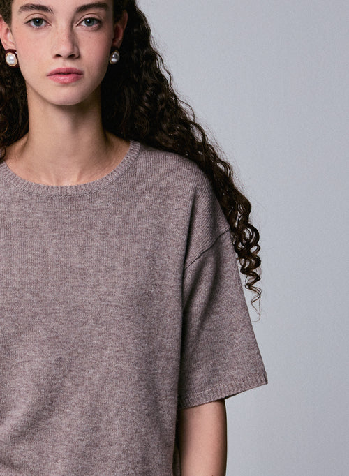 Beige Round Neck Short Sleeve Merino Wool Sweater - MAJESTIC FILATURES