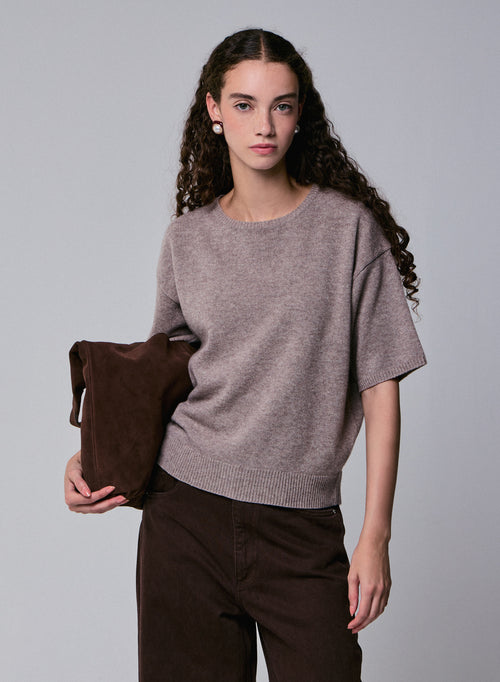 Beige Round Neck Short Sleeve Merino Wool Sweater - MAJESTIC FILATURES