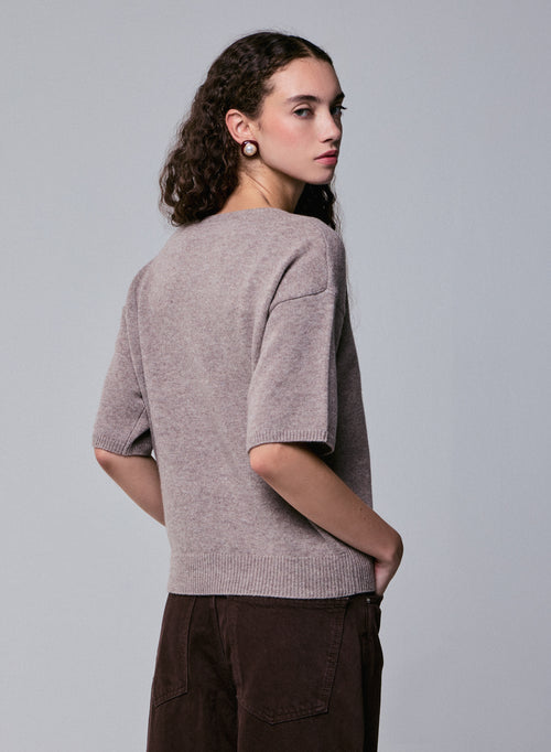 Beige Round Neck Short Sleeve Merino Wool Sweater - MAJESTIC FILATURES