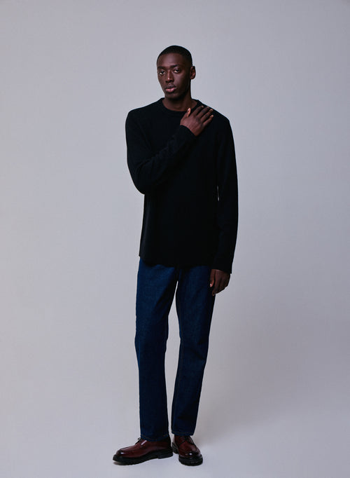 Suéter de lana merino de manga larga con cuello redondo negro - MAJESTIC FILATURES