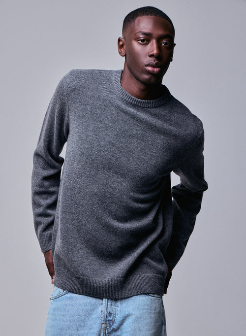 Jersey de lana merino de manga larga con cuello redondo gris - MAJESTIC FILATURES