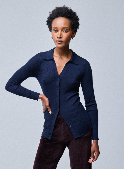 Camisa de lana merino de manga larga con suéter azul marino - MAJESTIC FILATURES