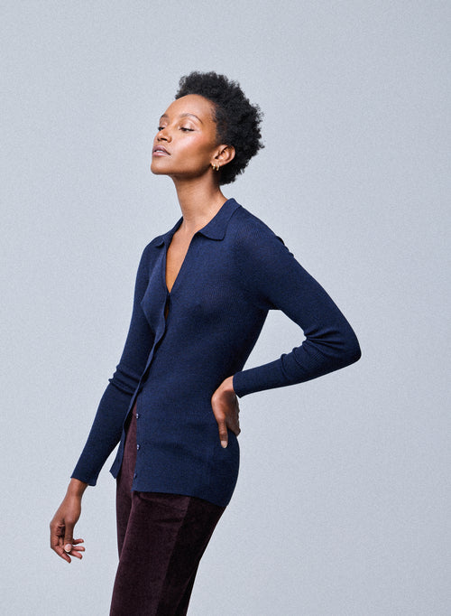 Camisa de lana merino de manga larga con suéter azul marino - MAJESTIC FILATURES