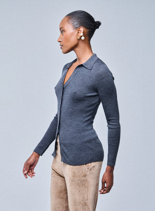 Jersey gris Camisa de manga larga de lana merino - MAJESTIC FILATURES