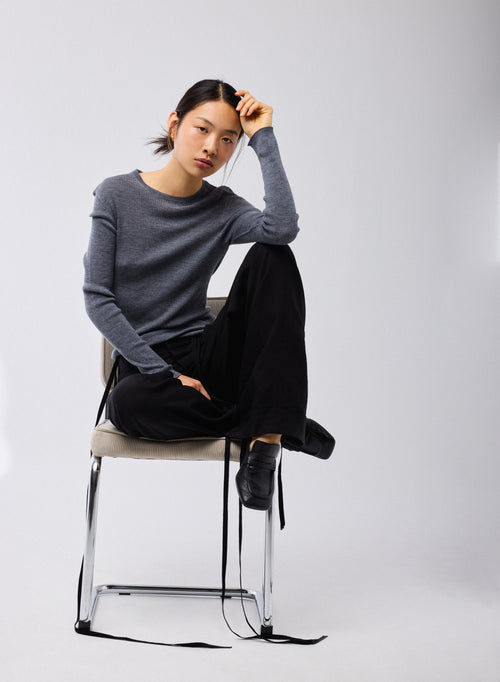 Pull Gris Col Rond Manches Longues en Laine merinos - MAJESTIC FILATURES