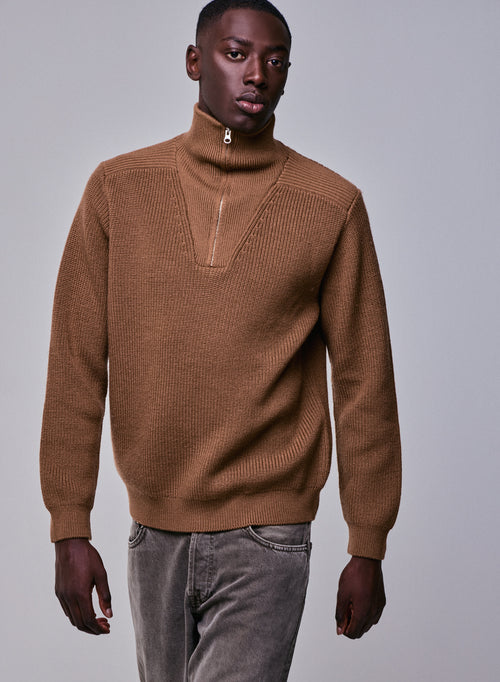 Pull Marron Col Montant Manches Longues en Laine merinos HOMME
