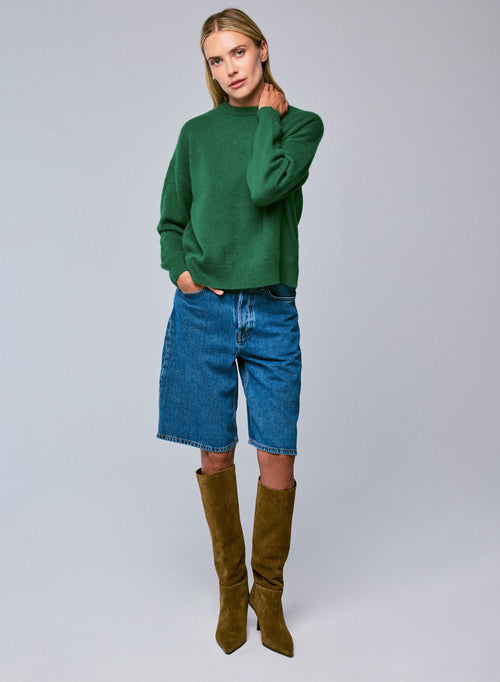 Green round neck sweater with long sleeves in wool / cashmere - MAJESTIC FILATURES