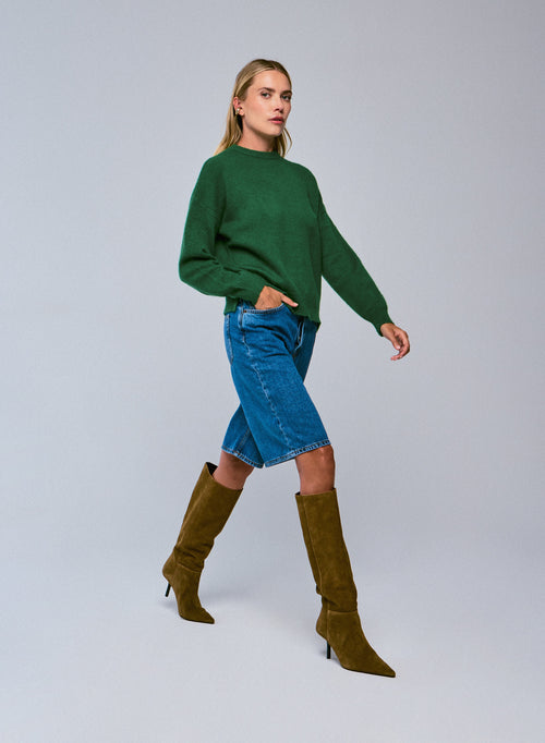 Green round neck sweater with long sleeves in wool / cashmere - MAJESTIC FILATURES