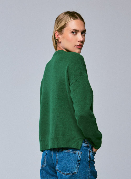 Green round neck sweater with long sleeves in wool / cashmere - MAJESTIC FILATURES