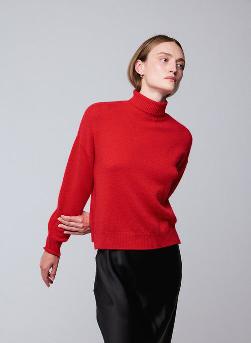 Pull Rouge Col Roulé Manches Longues en Laine / Cachemire - MAJESTIC FILATURES