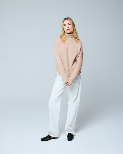 Beige long-sleeved turtleneck sweater in wool / cashmere - MAJESTIC FILATURES