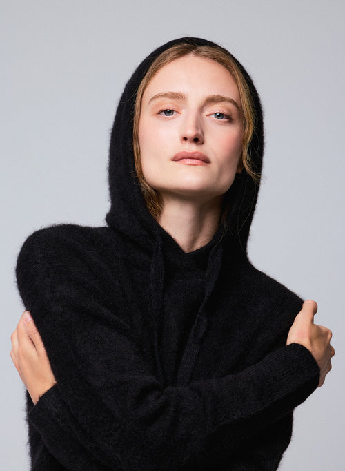 Schwarzer Kapuzenpullover mit langen Ärmeln aus Alpaka / Polyamid / Elasthan - MAJESTIC FILATURES