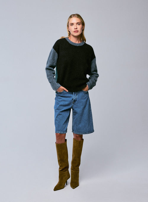 Pull Noir / Bleu Col Rond Manches Longues en Alpaga / Polyamide / Elasthanne - MAJESTIC FILATURES