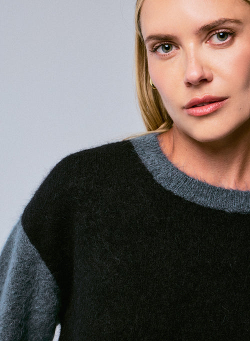 Pull Noir / Bleu Col Rond Manches Longues en Alpaga / Polyamide / Elasthanne - MAJESTIC FILATURES