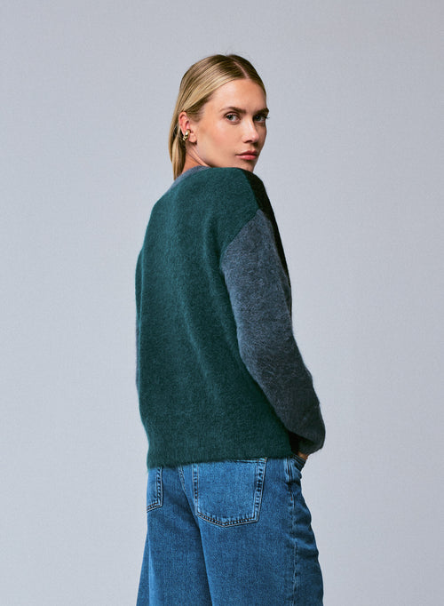 Pull Noir / Bleu Col Rond Manches Longues en Alpaga / Polyamide / Elasthanne - MAJESTIC FILATURES