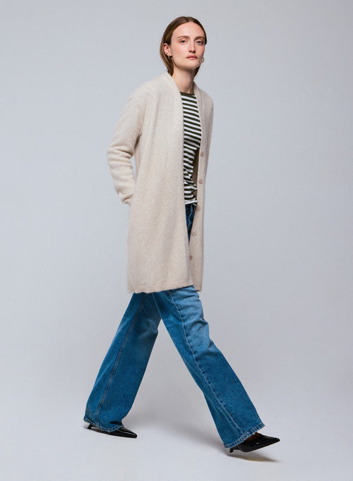 Beige cardigan with long sleeve shawl collar in wool / fox / polyamide - MAJESTIC FILATURES