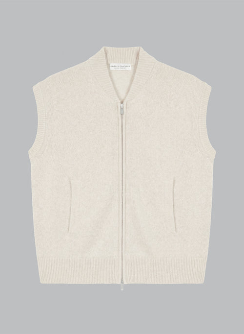 Ecru Round-Neck Sleeveless Cardigan in Wool / Fox / Polyamide - MAJESTIC FILATURES