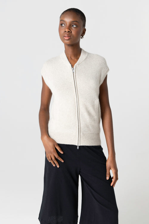 Gilet Beige Col Rond Sans Manches en Laine / Fox / Polyamide - MAJESTIC FILATURES