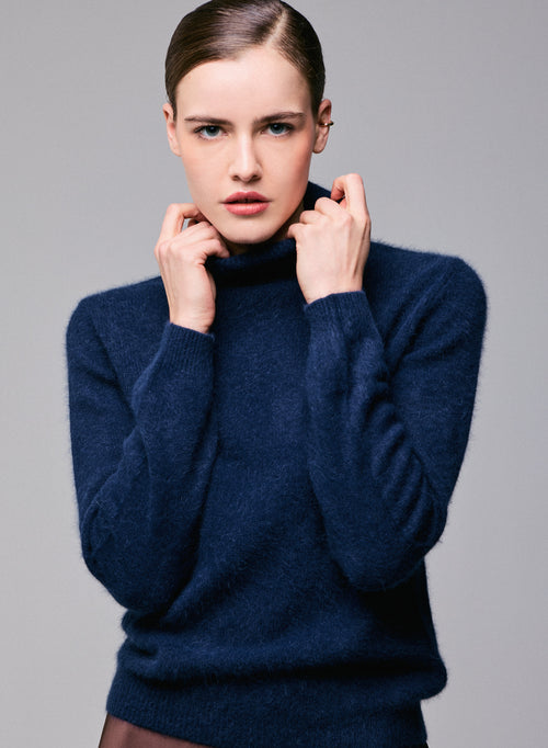 Jersey de cuello alto azul marino con manga larga en lana / Fox / Poliamida - MAJESTIC FILATURES