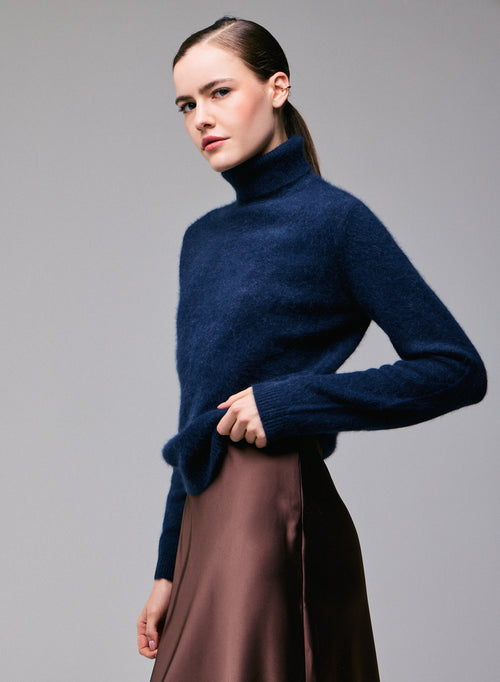 Navy blue Turtleneck Sweater Long Sleeves in Wool / Fox / Polyamide - MAJESTIC FILATURES