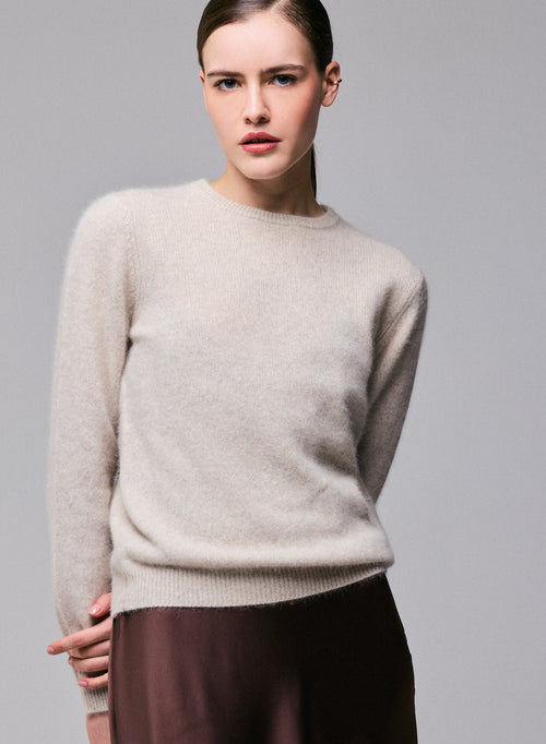 Pull Beige Col Rond Manches Longues en Laine / Fox / Polyamide - MAJESTIC FILATURES