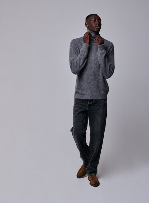 Grey long-sleeved turtleneck sweater in wool / Fox / Polyamide - MAJESTIC FILATURES