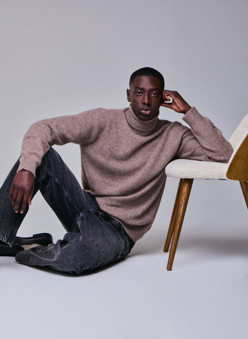 Beige Turtleneck Sweater Long Sleeves in Wool / Fox / Polyamide - MAJESTIC FILATURES