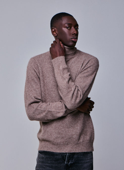 Pull Beige Col Roulé Manches Longues en Laine / Fox / Polyamide - MAJESTIC FILATURES