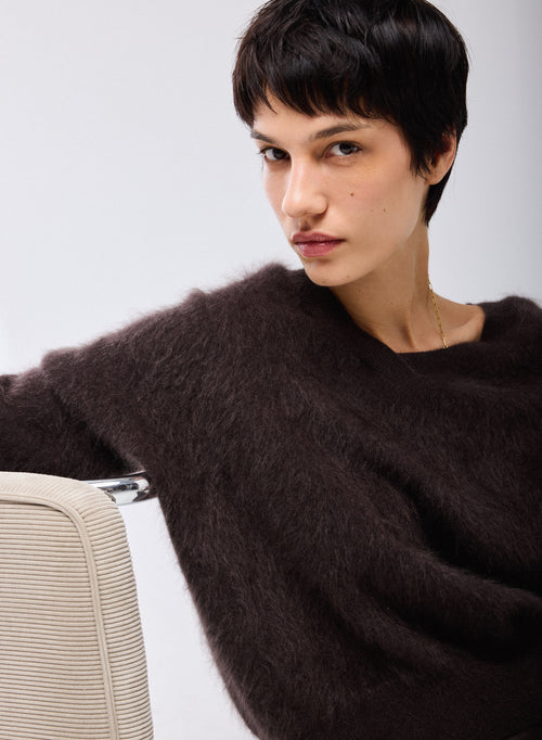Pull Marron Col V Manches Longues en Laine / Cachemire - MAJESTIC FILATURES