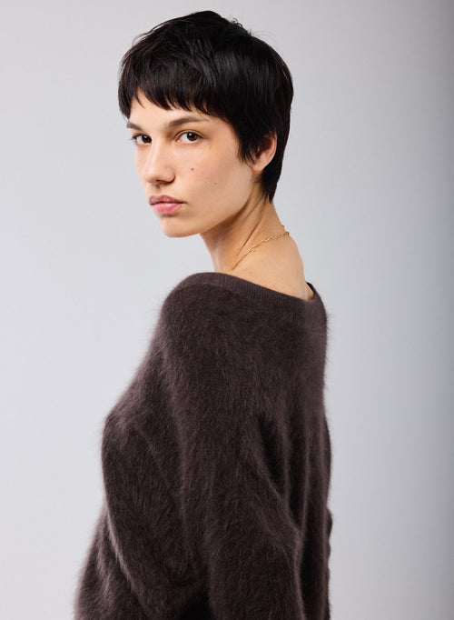 Pull Marron Col V Manches Longues en Laine / Cachemire - MAJESTIC FILATURES