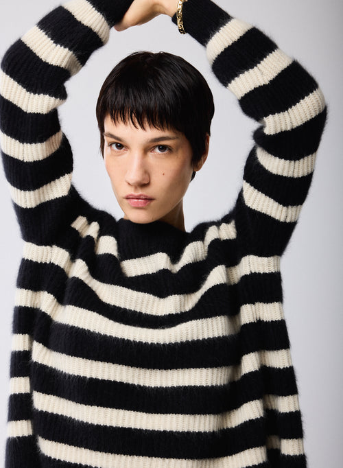 Pull Marinière Noir / Beige Col Rond Manches Longues en Laine / Fox / Polyamide - MAJESTIC FILATURES