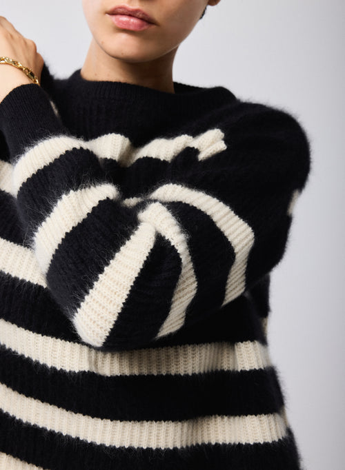 Pull Marinière Noir / Beige Col Rond Manches Longues en Laine / Fox / Polyamide - MAJESTIC FILATURES