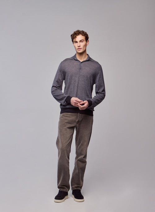 Grey Polo Shirt Long Sleeve Merino Wool Polo Shirt - MAJESTIC FILATURES