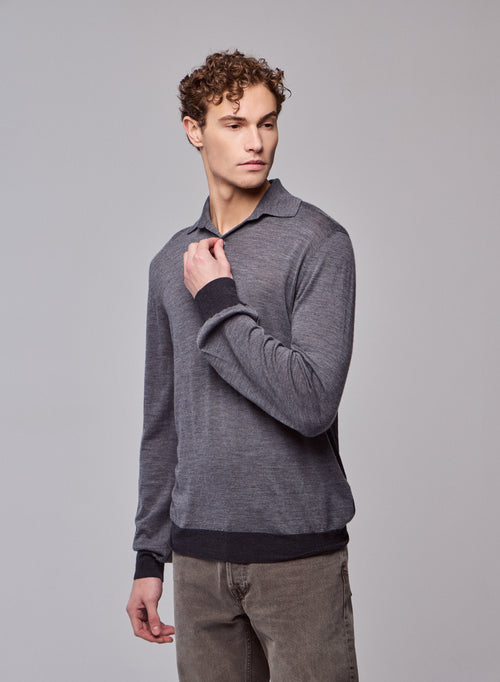 Polo Gris Polo Manches Longues en Laine merinos - MAJESTIC FILATURES