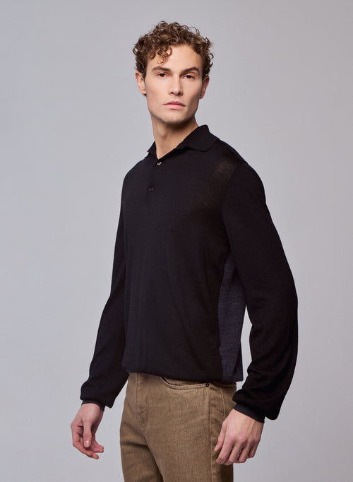 Black / Grey Polo Shirt Long Sleeve Merino Wool Polo Shirt - MAJESTIC FILATURES
